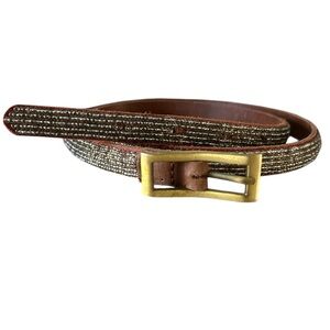 Motif 56 Seed Bead Covered Thin Leather Belt with Brass Rectangle Buckle - Large